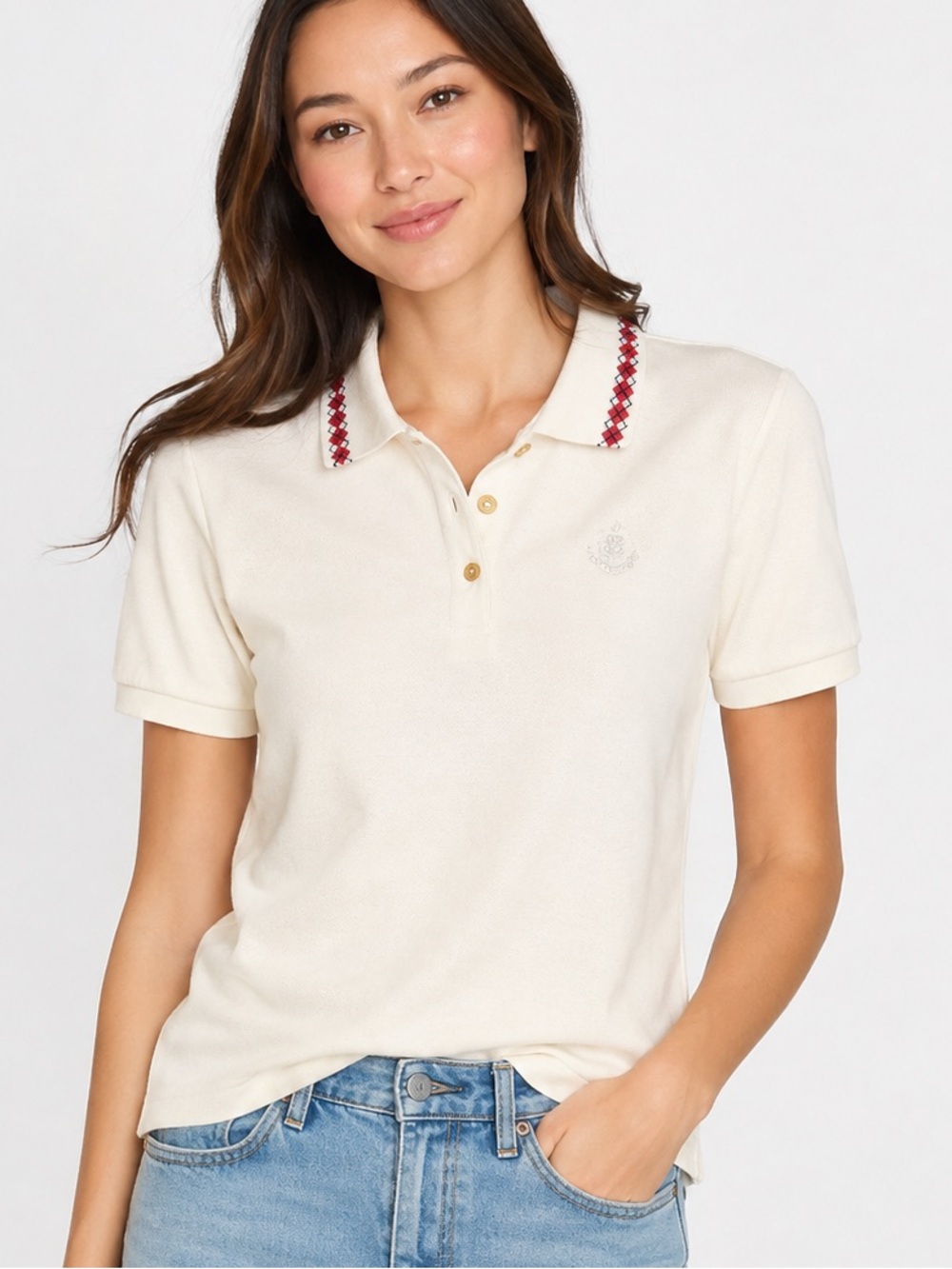 Vintage Liz Claiborne LizSport Ivory Polo Shirt Small Embroidered Crest Argyle S